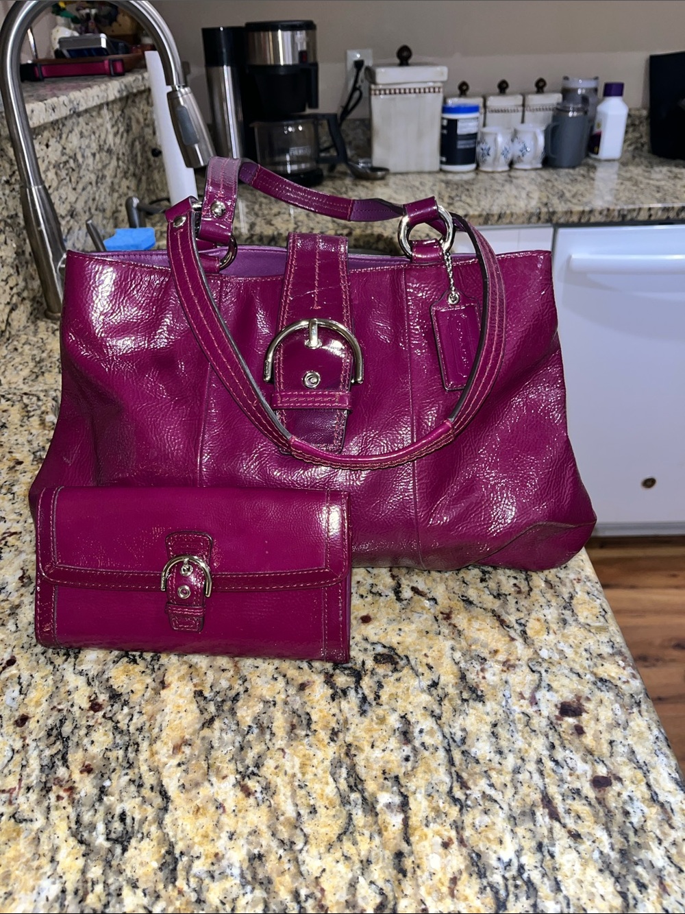 EUC Authentic Coach Soho Buckle Deep Purple Patent Leather Handbag with Wallet